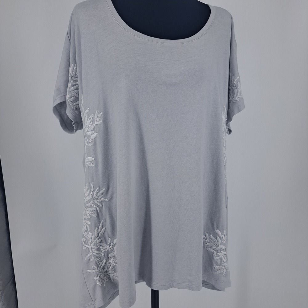J. Jill Pure Jill‎ Embroidered Top Gray Cotton Modal Short Sleeve Large Boho